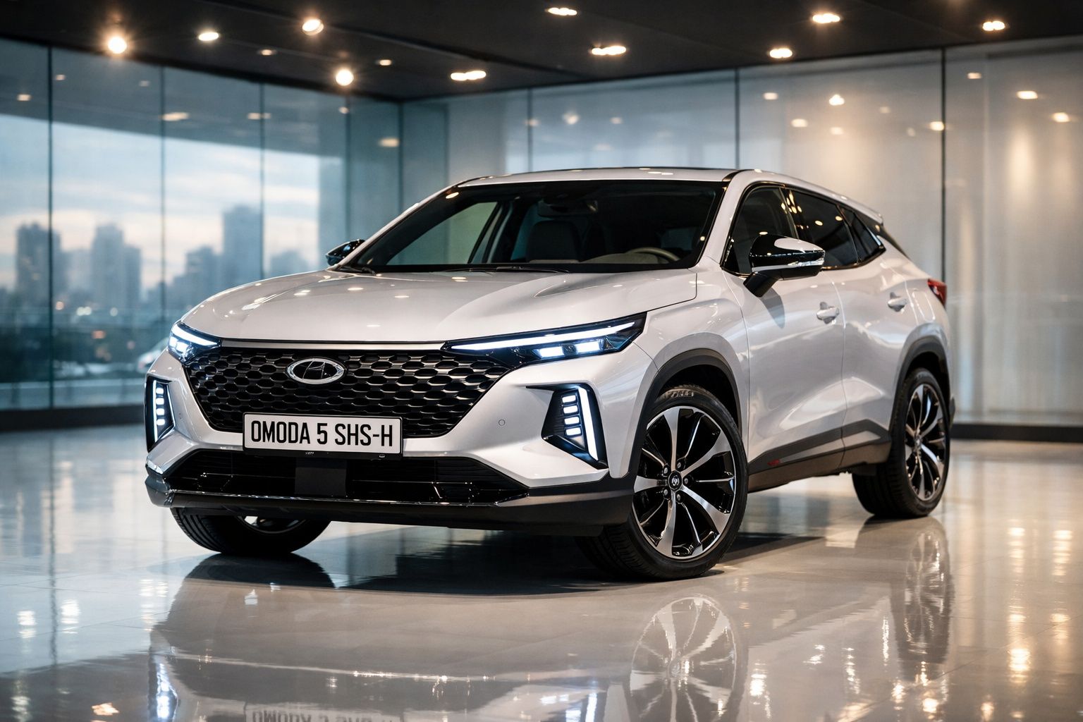 SUV Hyundai Omoda 5 branco estacionado em interior moderno e iluminado.