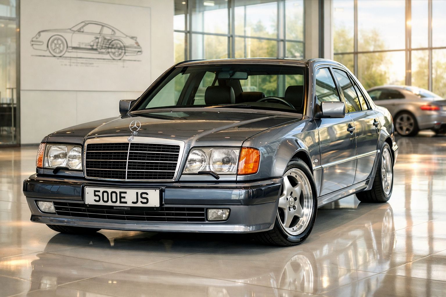 Mercedes-Benz antigo cinzento metálico estacionado em interior com iluminação natural e carro moderno ao fundo.