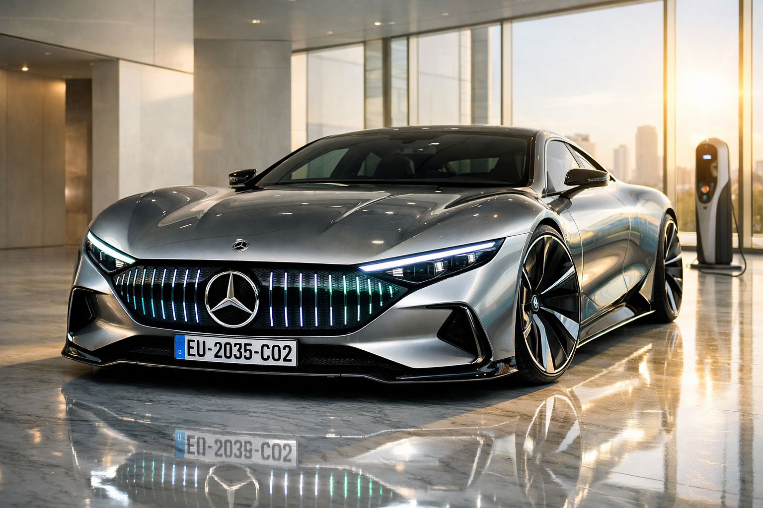 Carro elétrico Mercedes-Benz futurista prateado estacionado numa garagem moderna com carregador elétrico.