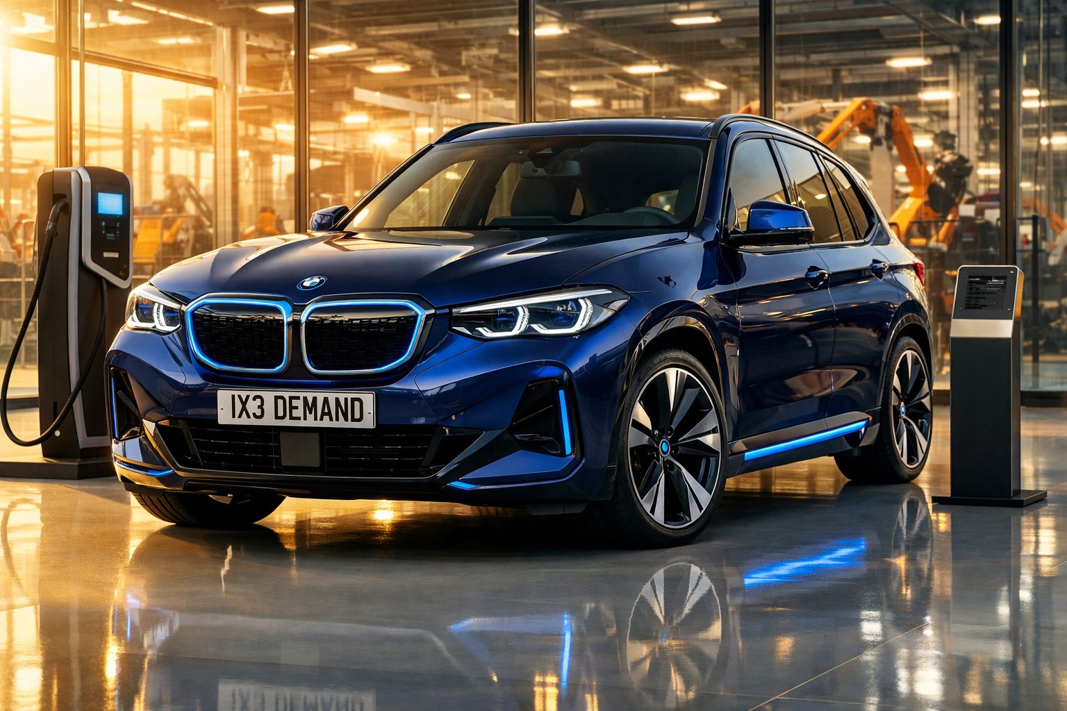 Carro elétrico BMW azul a ser carregado numa estação de carregamento interior moderna e luminosa.