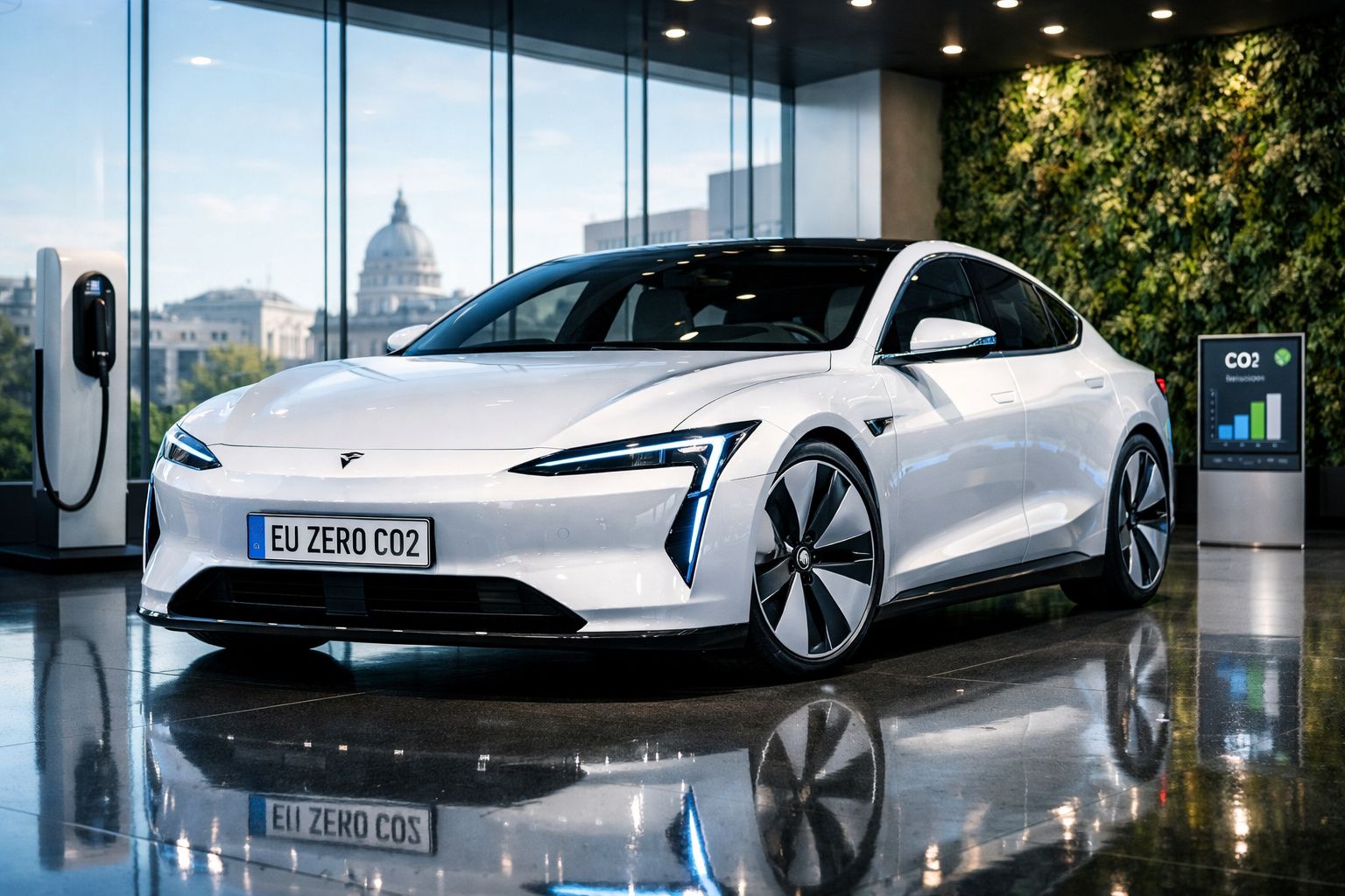 Carro elétrico branco estacionado em espaço moderno com carregador e gráfico de emissões de CO2.