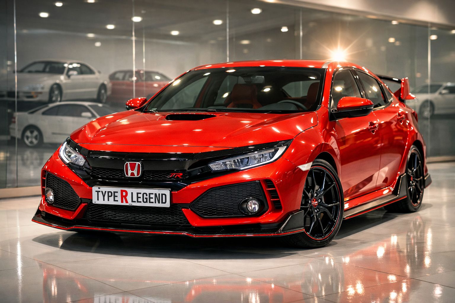 Honda Civic Type R vermelho brilhante estacionado em ambiente interior com vidro espelhado ao fundo.