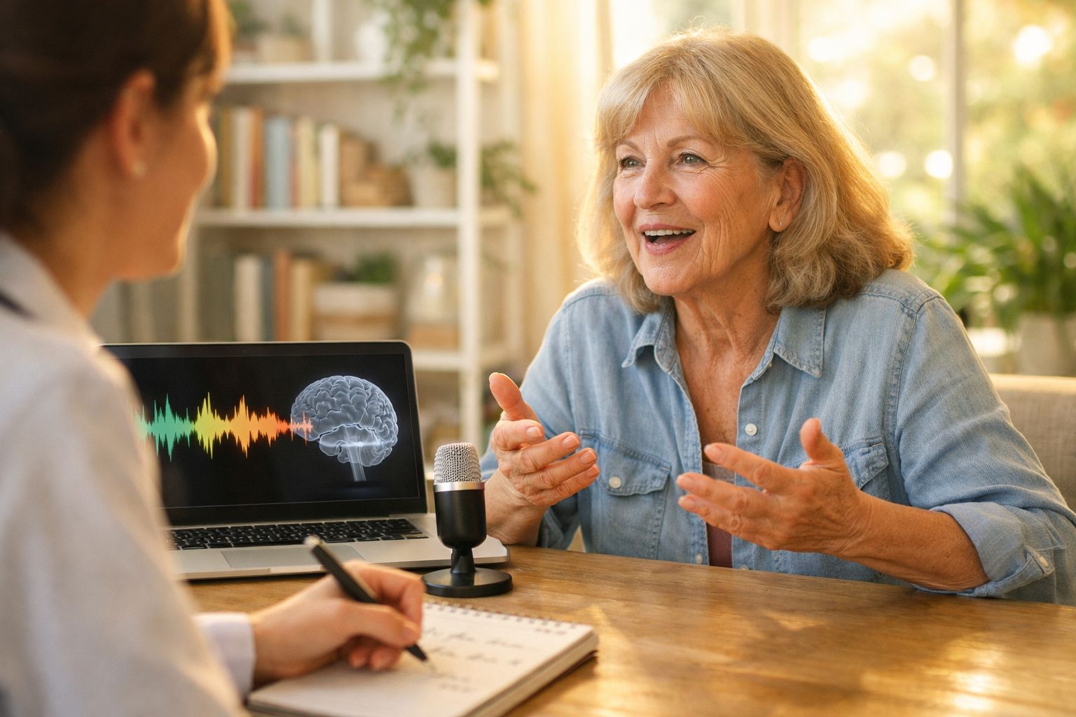 Mulher idosa a participar numa sessão de terapia da fala com terapeuta, computador mostra gráfico de cérebro.