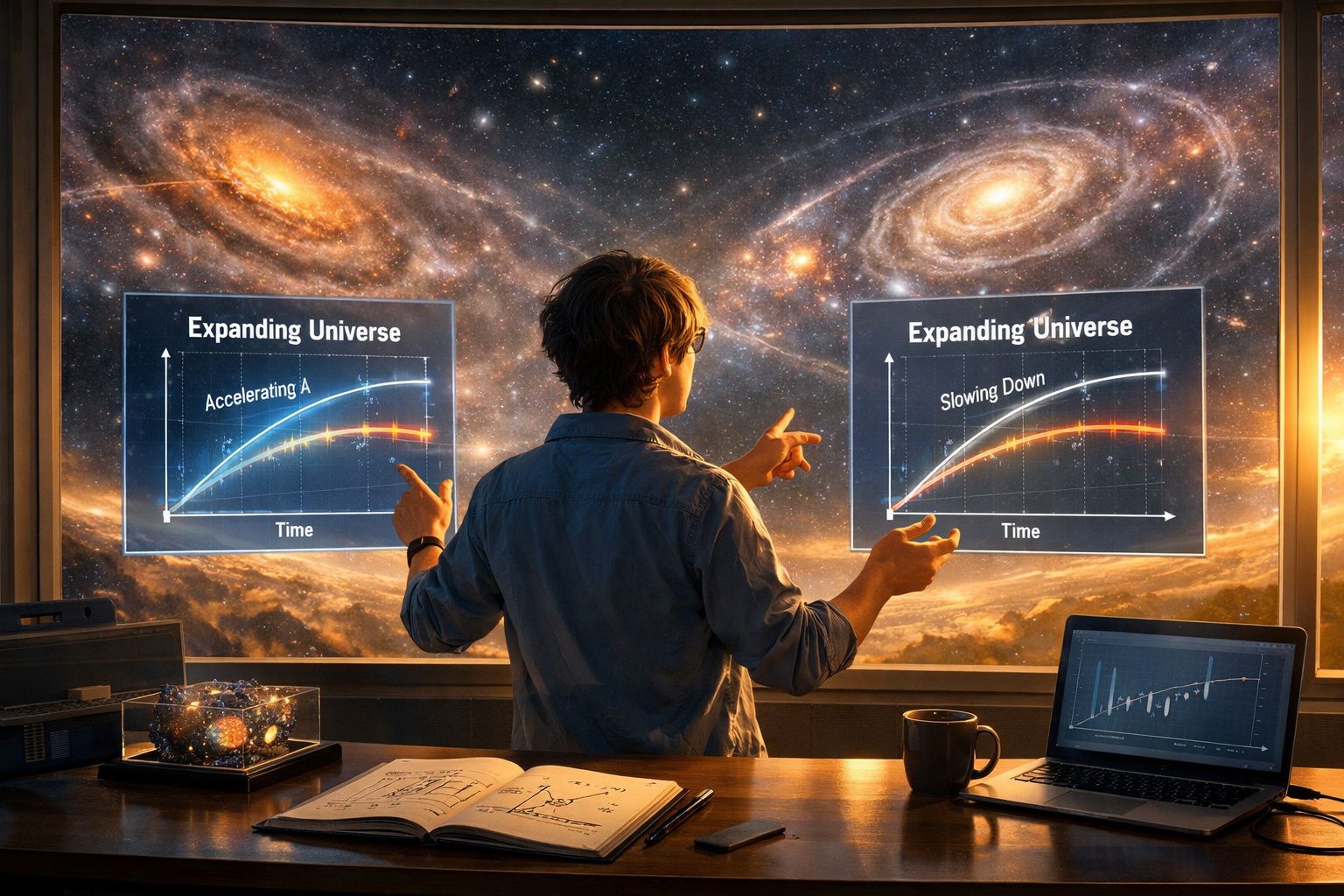 Pessoa a analisar gráficos de expansão do universo com galáxias ao fundo numa janela ampla.