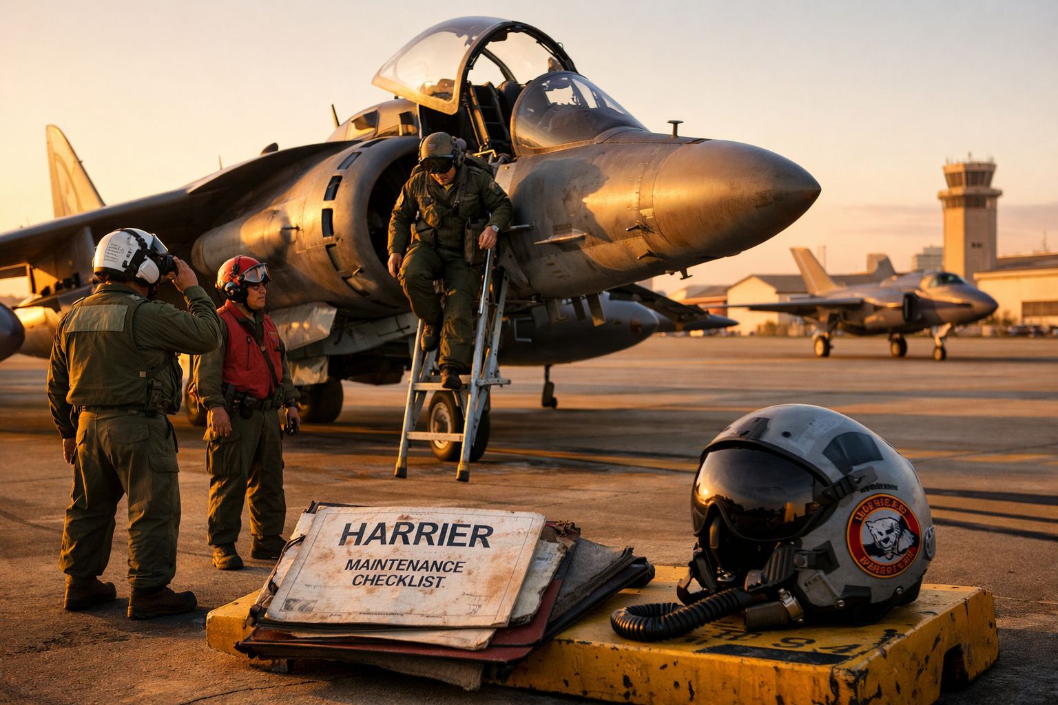 Fuzileiros navais junto a caça Harrier numa pista de aeroporto ao pôr do sol com checklist de manutenção em destaque.