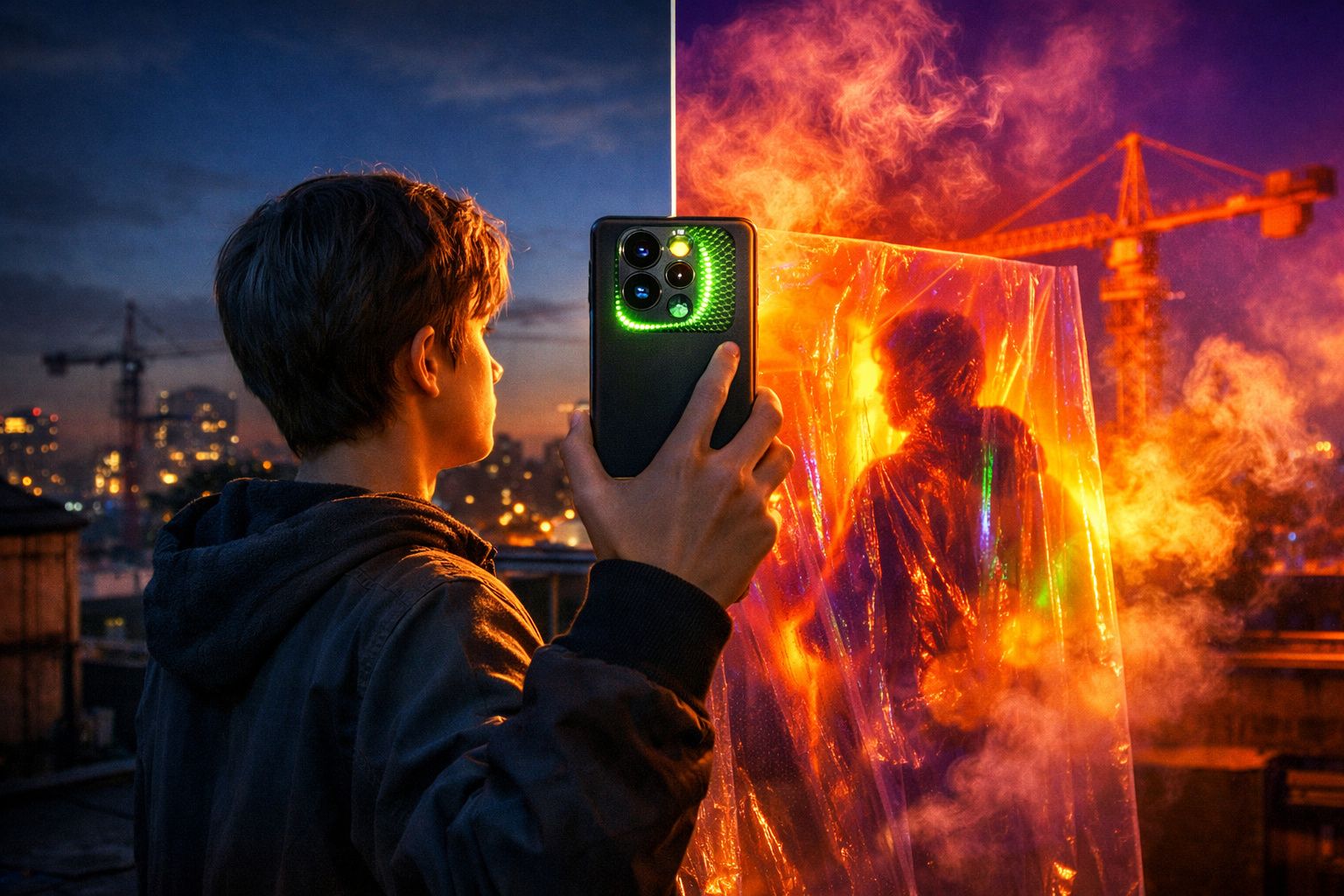 Rapaz a fotografar o seu reflexo através de plástico iluminado por luzes coloridas num cenário urbano ao entardecer.