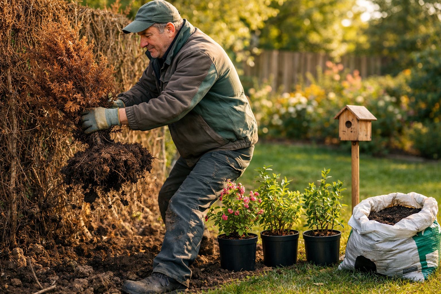 Homem a transplantar uma planta seca num jardim com luvas, vasos de plantas e casa de passarinho ao fundo.