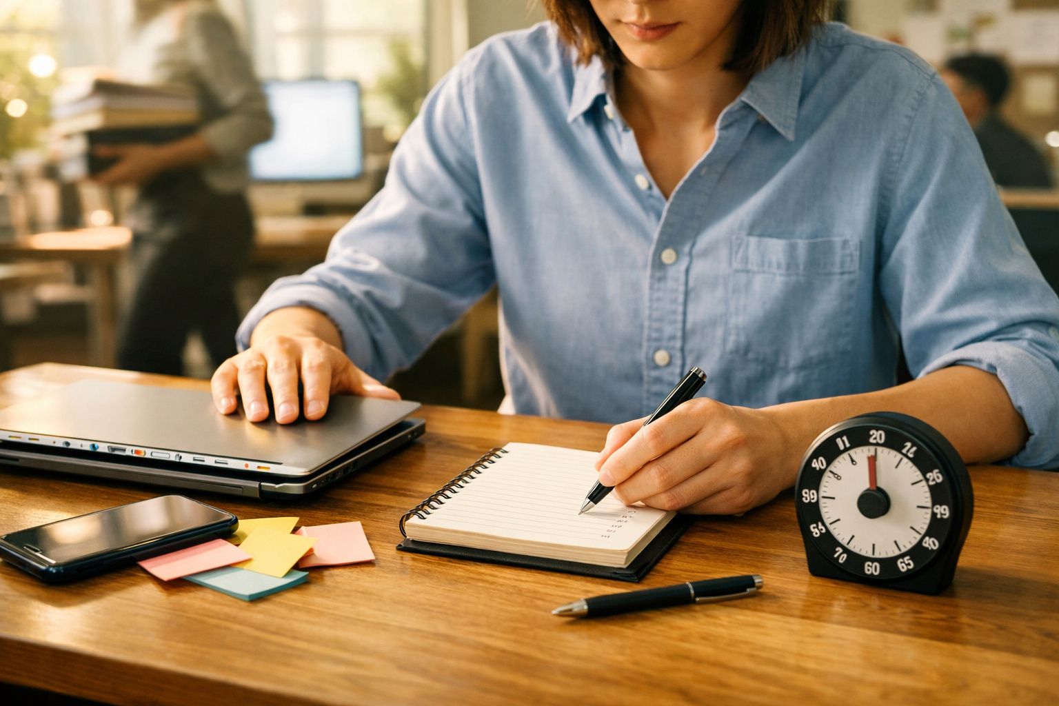 Pessoa a escrever num caderno com laptop fechado, telemóvel, notas coloridas e cronómetro numa mesa de madeira.