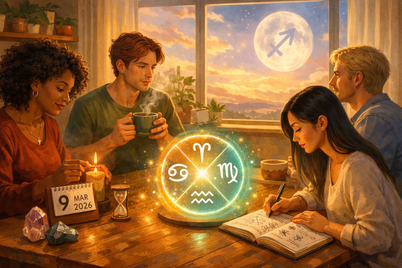 Quatro pessoas em torno de uma mesa com signos zodiacais iluminados e calendário marcado para 9 de março de 2026.