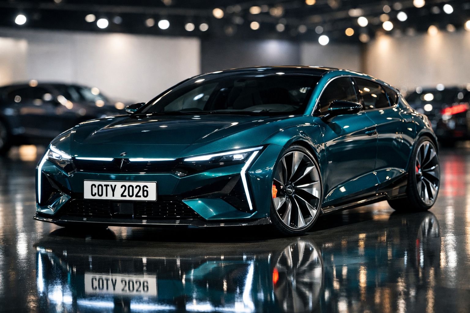 Carro elétrico desportivo azul escuro em showroom com piso refletor e luzes destacadas no teto.