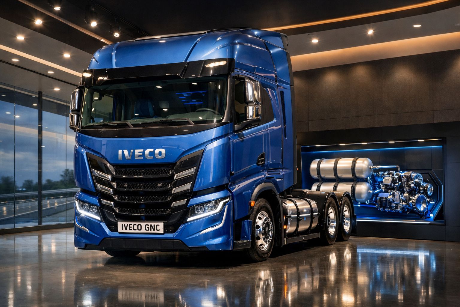 Camião azul Iveco GNC dentro de sala moderna, ao lado de motor exposto com iluminação LED azul.