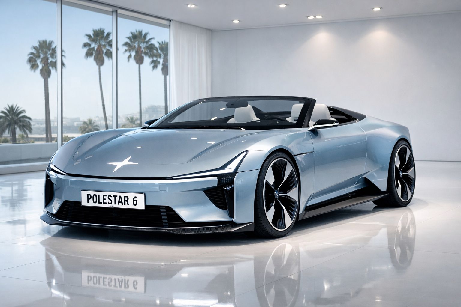 Carro conversível elétrico Polestar 6 prata com design futurista exposto em ambiente minimalista.