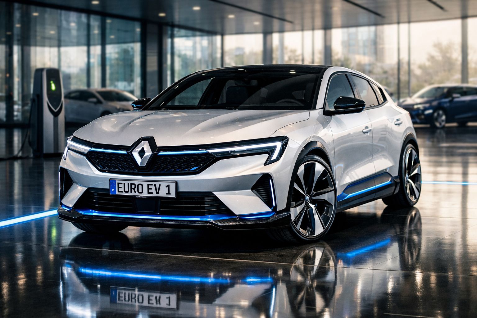 Carro elétrico Renault branco estacionado em showroom moderno com chão refletor e iluminação azul.