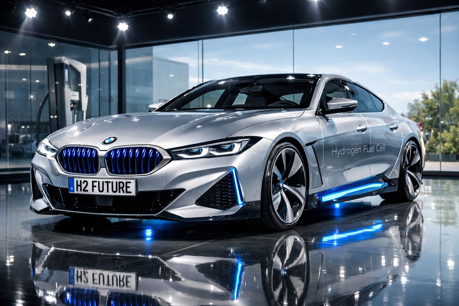 Carro desportivo BMW elétrico prateado com detalhes em azul, numa sala moderna e refletida no chão.