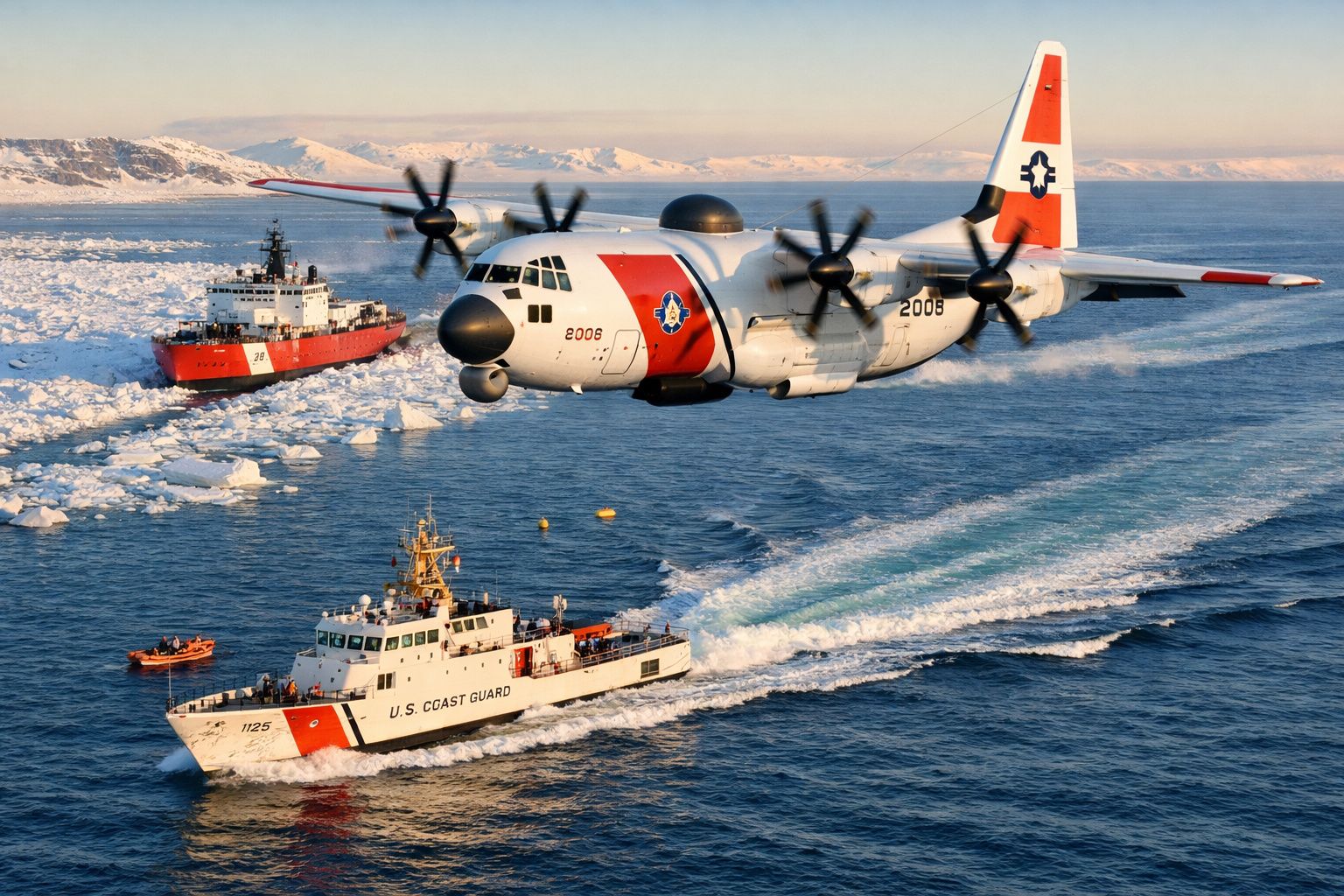 Avião de patrulha e dois barcos da Guarda Costeira dos EUA navegando em águas com gelo.