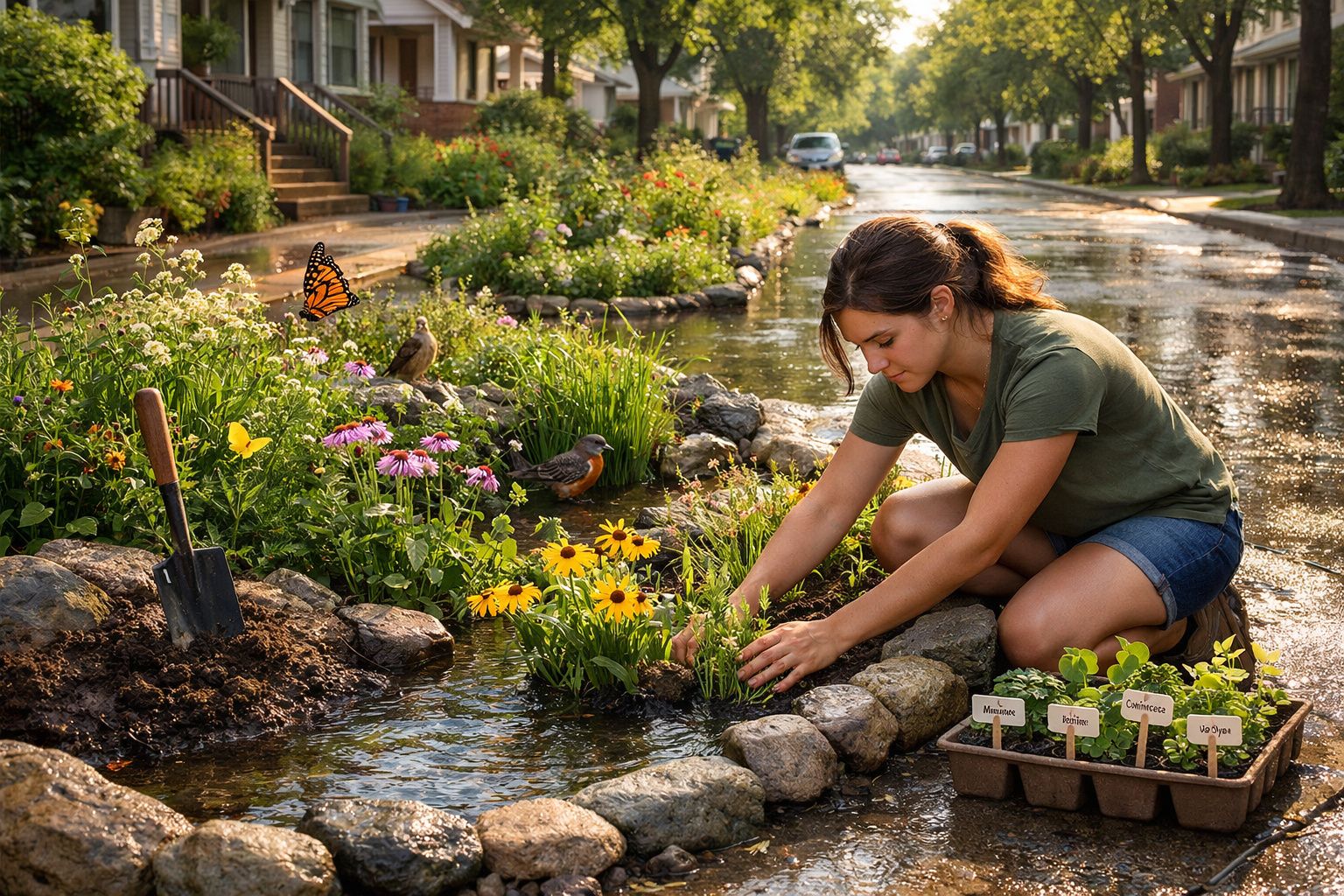 Mulher a plantar flores num jardim à beira de um riacho com vários pássaros e uma borboleta.