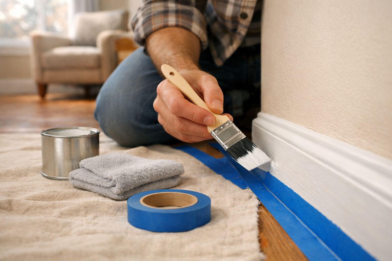 Pessoa a pintar a bordo de uma parede branca com pincel, fita azul de proteção e lata de tinta no chão.