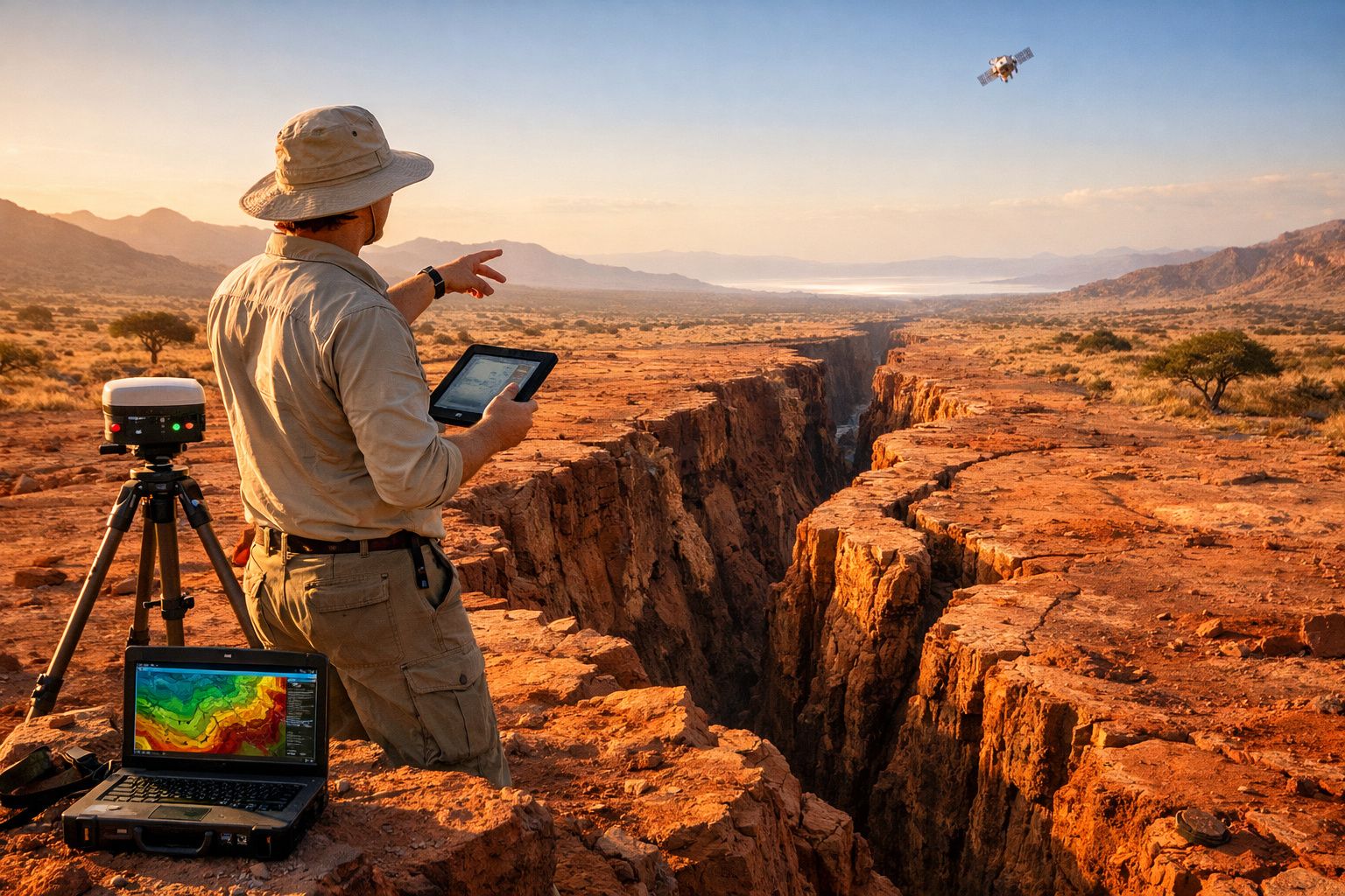 Geólogo a analisar uma falha tectónica no deserto com equipamento tecnológico e drone no céu ao fundo.