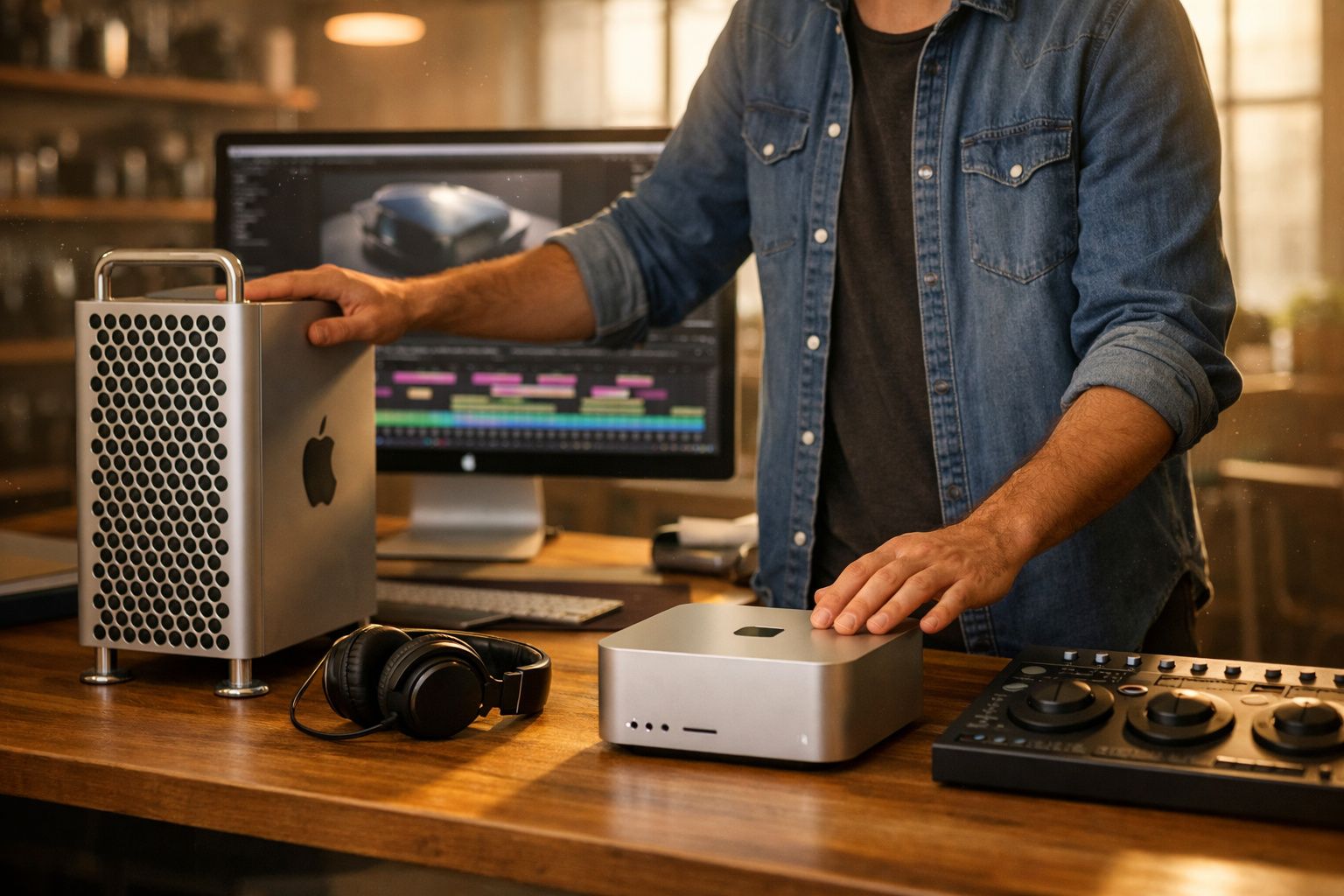 Pessoa a utilizar dois computadores Apple Mac numa mesa com headphones e controladora áudio.