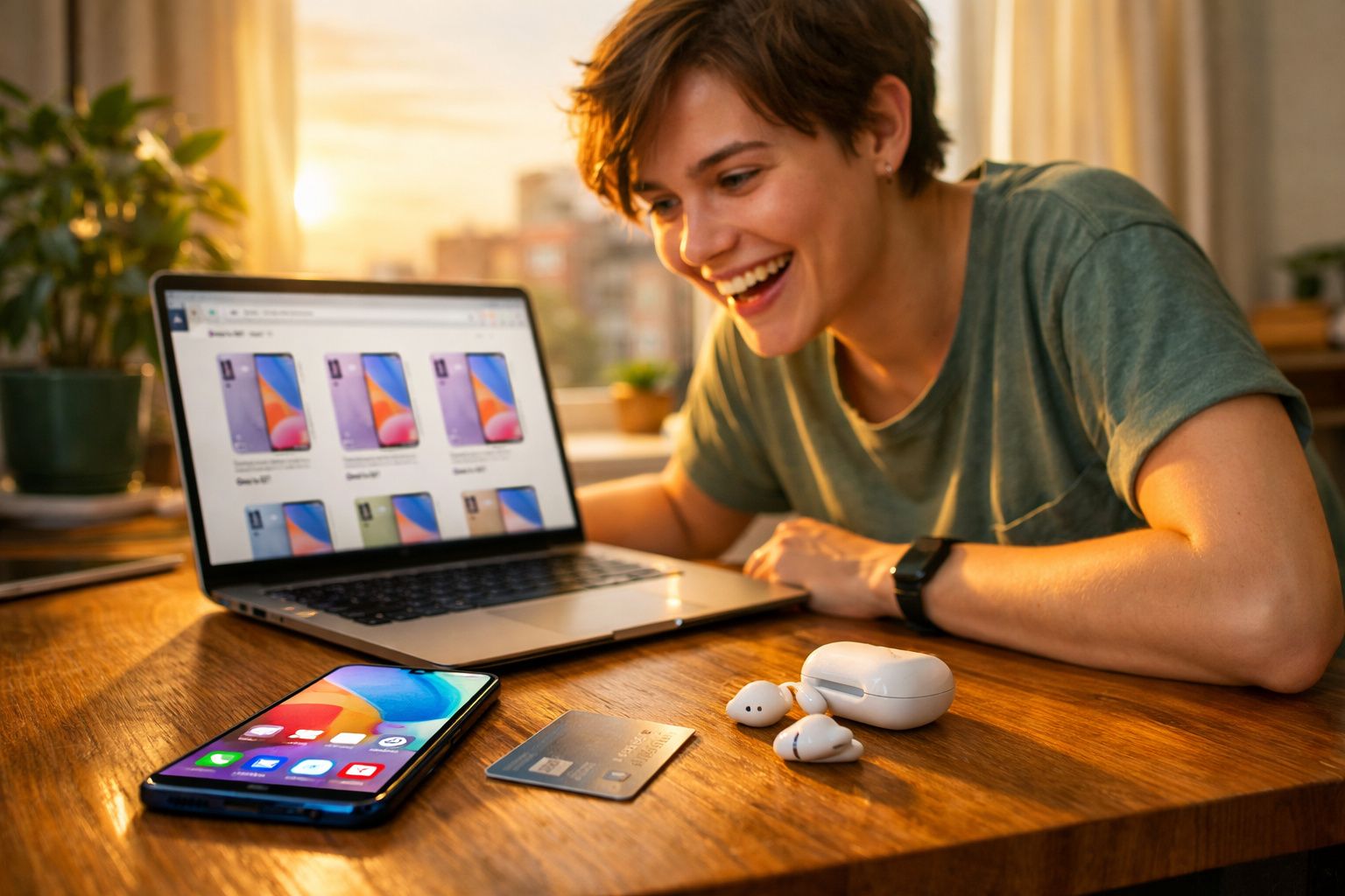 Pessoa sorridente a fazer compras online de smartphones num computador portátil com telemóvel, cartão e auriculares na mesa.