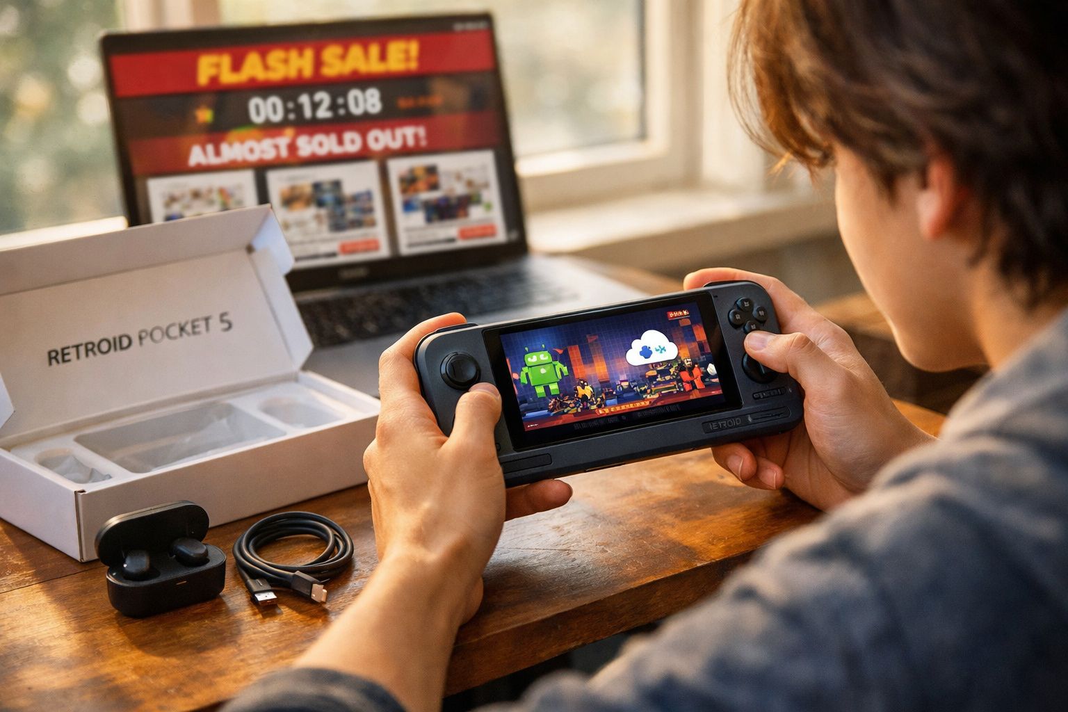 Pessoa a jogar num Retroid Pocket 5 com caixa e acessórios numa mesa, computador com promoção em segundo plano.