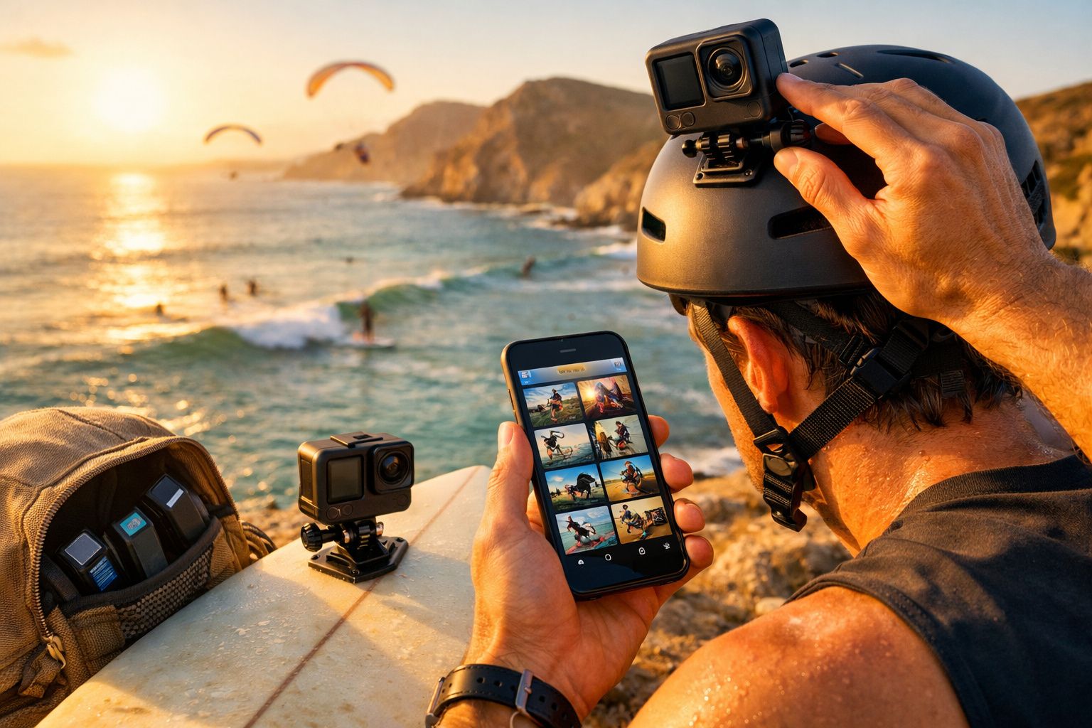 Pessoa com capacete ajusta câmara de ação junto ao mar ao pôr do sol, vendo fotos num telemóvel.