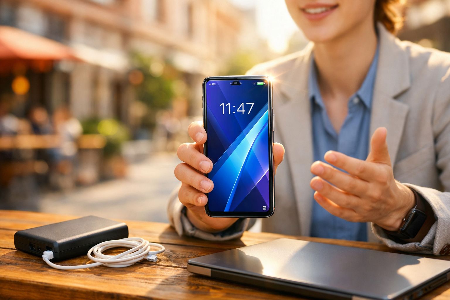 Pessoa a mostrar smartphone com ecrã ligado, sentado numa mesa exterior com power bank e computador portátil.