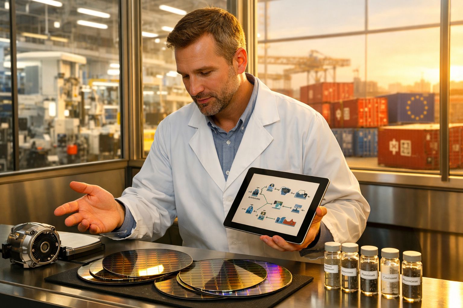 Homem com bata branca analisa discos semicondutores e mostra diagrama num tablet numa fábrica moderna.