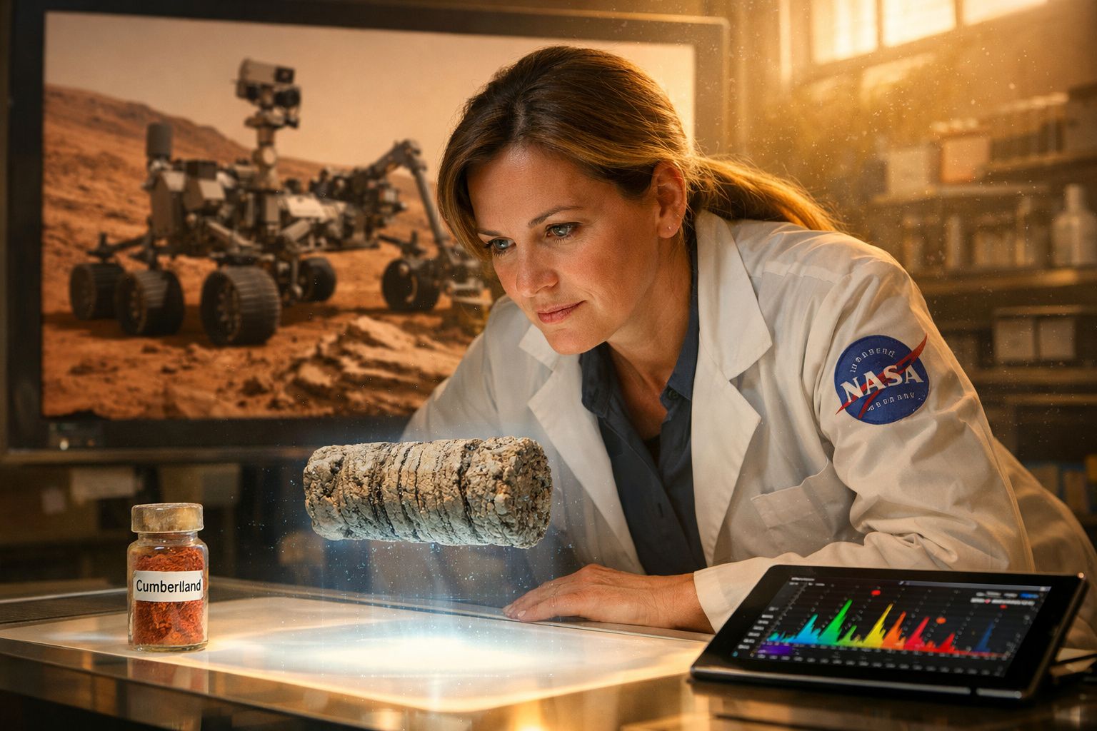 Cientista da NASA analisa amostra de solo marciano em laboratório com rover ao fundo.