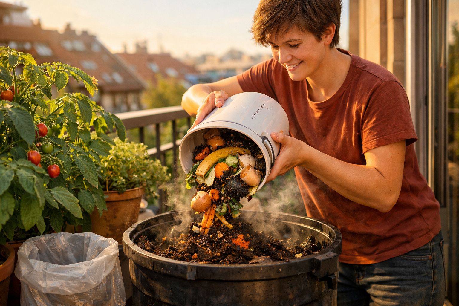 Pessoa sorridente a verter restos de alimentos numa compostagem ao ar livre num terraço com plantas.