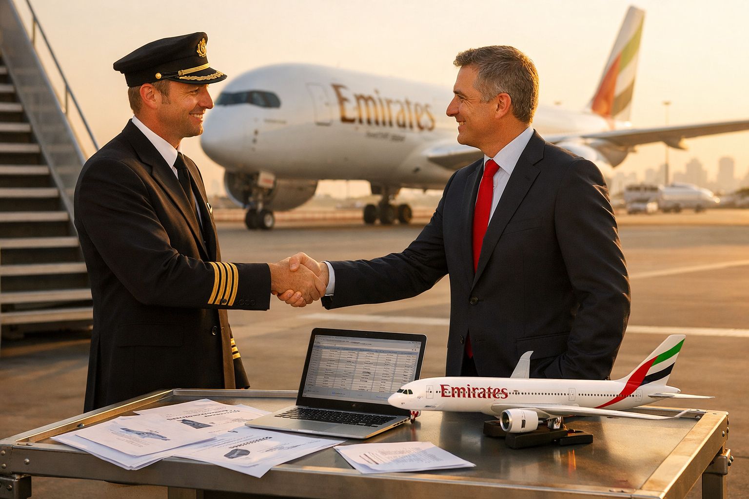 Piloto e executivo da Emirates a cumprimentarem-se junto a um avião e modelo no aeroporto ao pôr do sol.