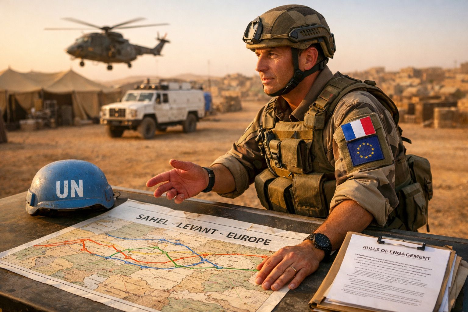 Soldado em uniforme com mapa do Sahel-Levant-Europe, capacete azul da ONU e helicóptero ao fundo.
