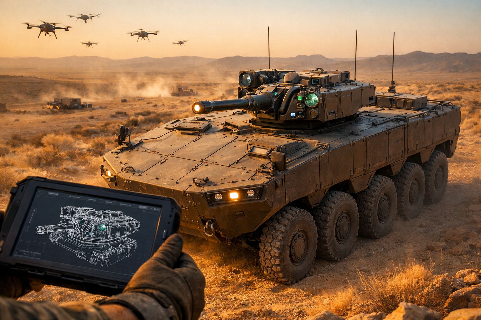 Veículo blindado militar com canhão e drones no ar em cenário árido ao pôr do sol, controlado por tablet.