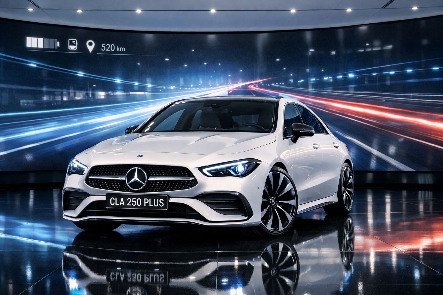 Carro desportivo branco Mercedes CLA 250 PLUS exibido com fundo digital de luzes azuis e vermelhas.