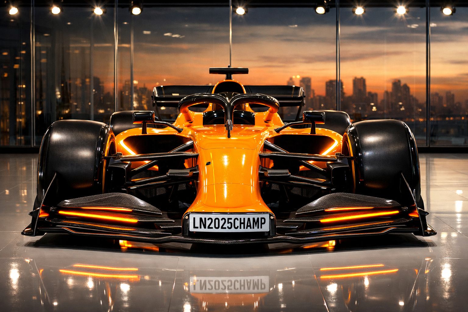 Carro de Fórmula 1 laranja visto de frente com rodas largas e cidade ao fundo ao pôr do sol.