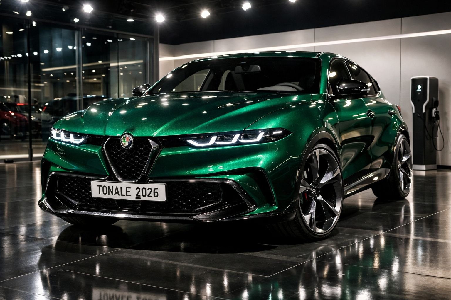 Automóvel verde metálico Alfa Romeo Tonale 2026 estacionado em showroom moderno com parede branca e tomada para carga elétric