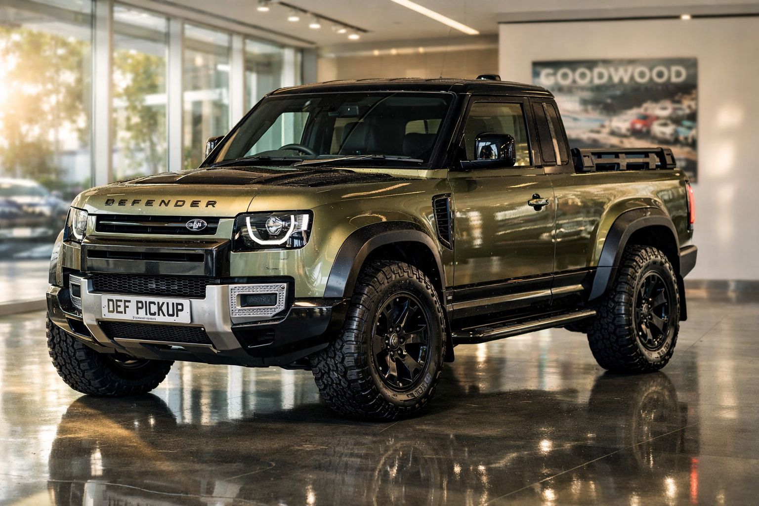 Pick-up Land Rover Defender verde metálico em exposição num interior moderno.