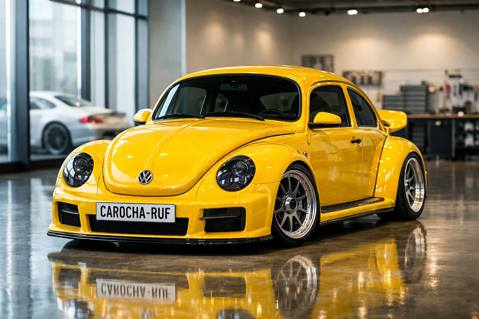 Carro Volkswagen Beetle amarelo modificado, com jantes largas e para-choques desportivo, em espaço interior.