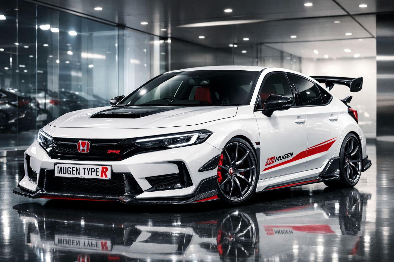Carro desportivo Honda Type R branco com detalhes vermelhos e logótipo Mugen em garagem moderna.