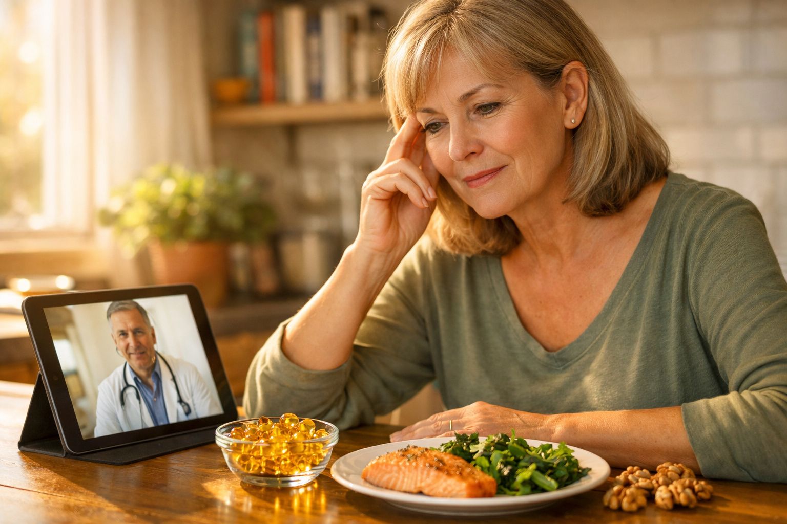 Mulher a fazer consulta médica online no tablet, junto a prato com salmão, legumes e suplemento alimentar.