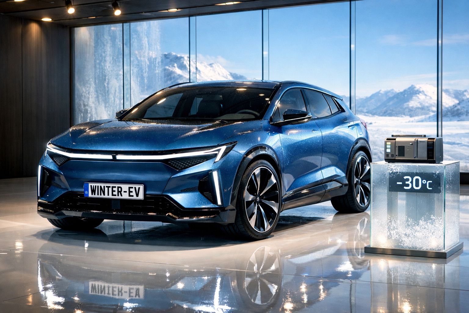 Carro elétrico azul brilhante numa sala com janelas amplas e cenário de montanhas ao fundo.