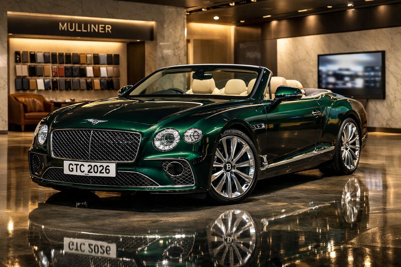 Automóvel conversível Bentley verde com interior bege exposto em showroom elegante.