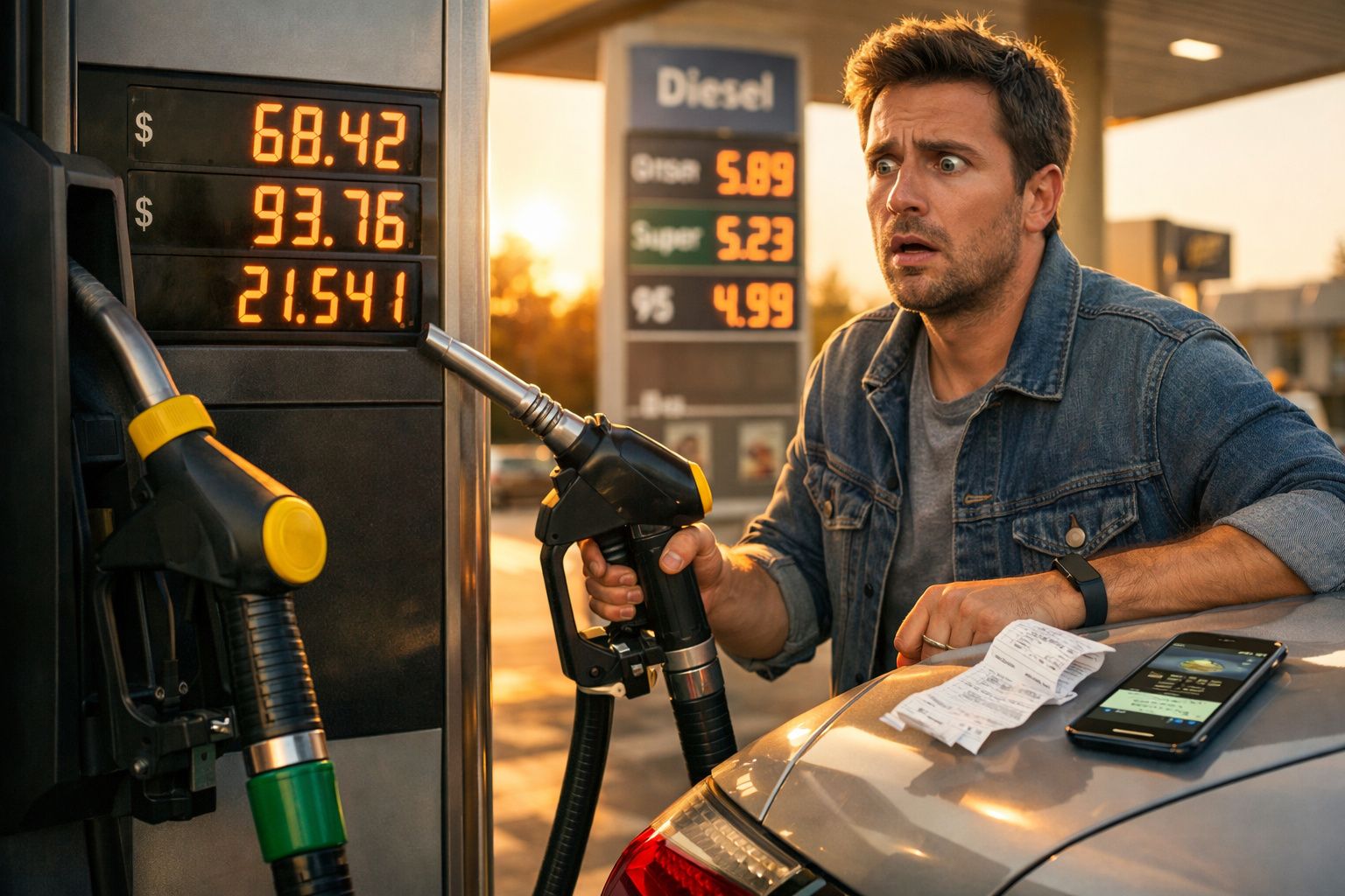 Homem surpreendido segura pistola de combustível numa bomba de gasolina com preços elevados ao fundo.