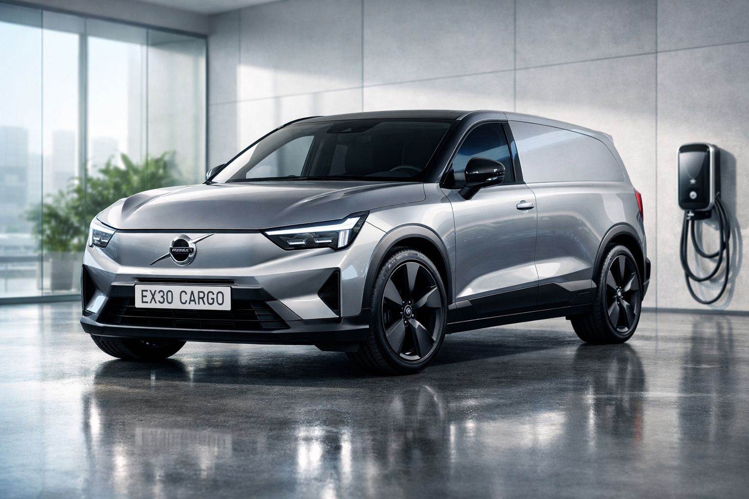 Carrinha elétrica Volvo EX30 Cargo de cor cinzenta estacionada junto a estação de carregamento.