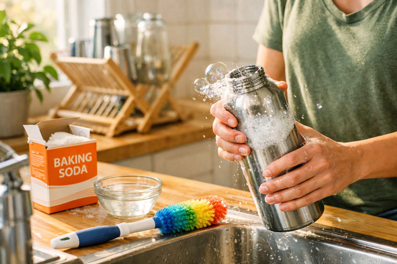 Pessoa a lavar uma garrafa metálica com detergente e escova na cozinha.