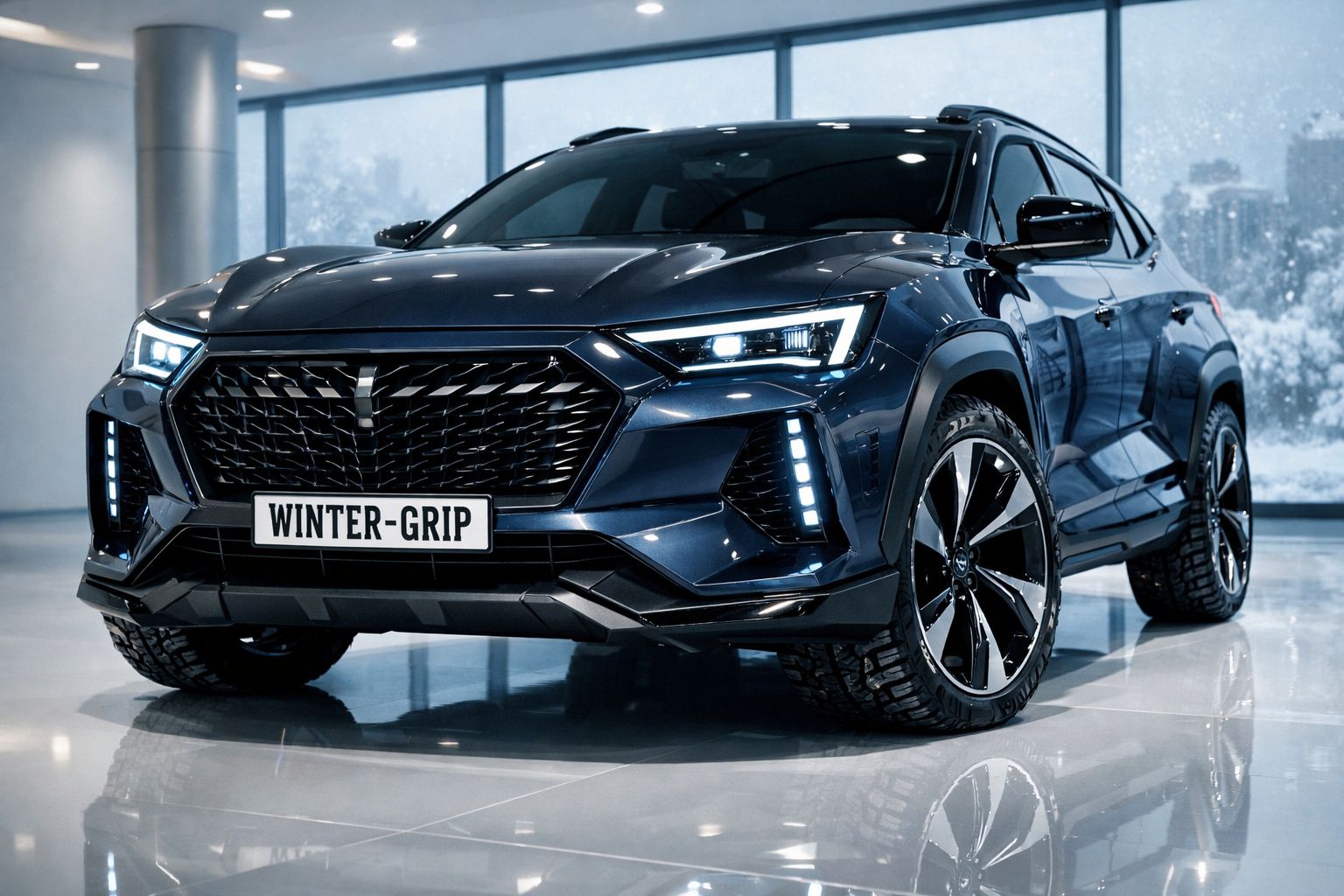 Carro SUV preto brilhante estacionado em interior com luzes LED ligadas e matrícula "WINTER-GRIP".