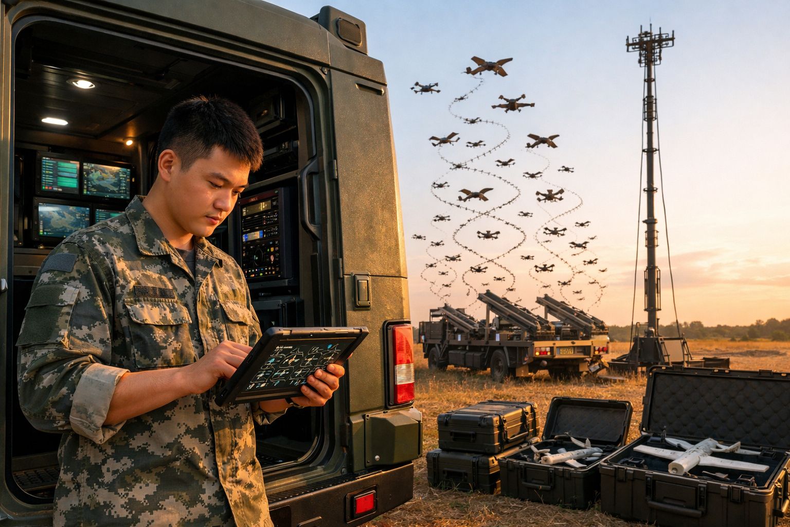 Soldado com uniforme camuflado opera tablet junto a veículo militar, enquanto drones voam em formação no pôr do sol.