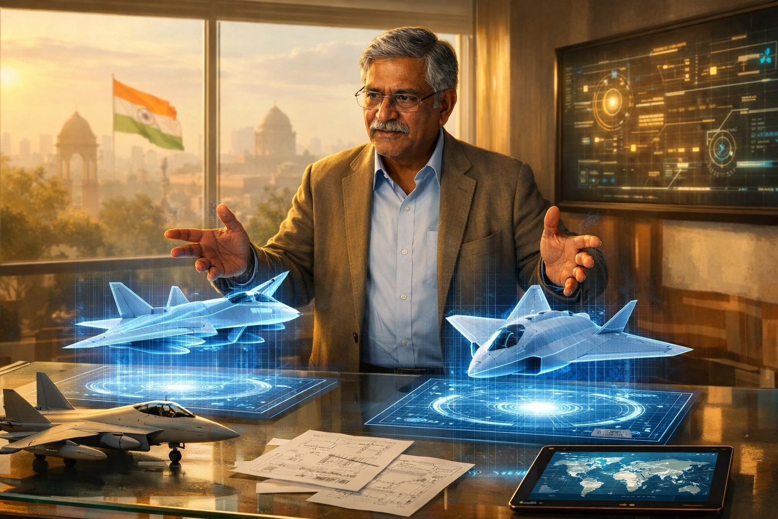 Homem indiano apresenta modelos holográficos de aviões de combate numa sala com vista para monumentos históricos.