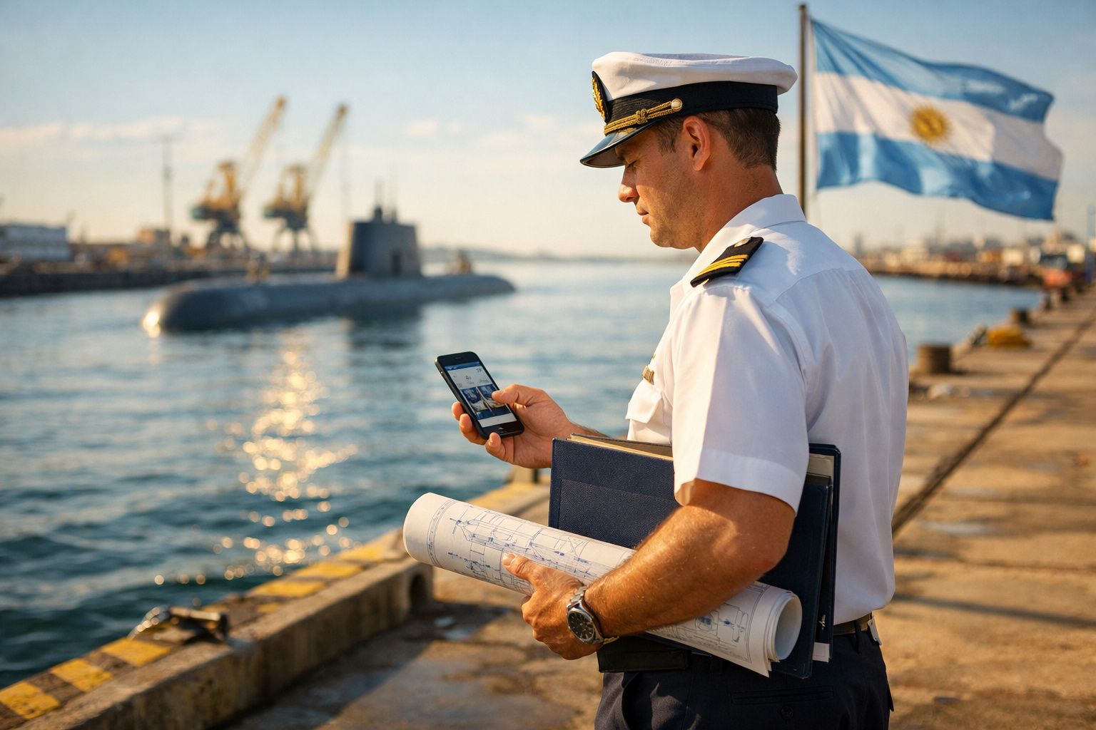 Oficial naval com uniforme branco usando telemóvel junto ao cais com submarino e bandeira da Argentina ao fundo.