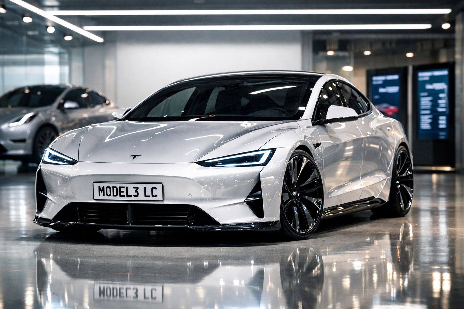 Carro elétrico Tesla Model 3 branco com jantes pretas, em exposição num showroom moderno.